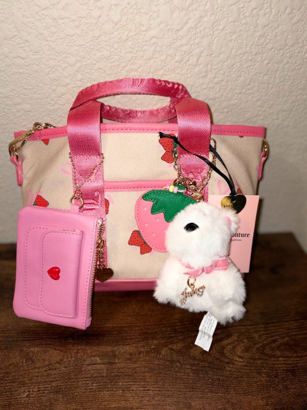 Juicy Couture Strawberry Festival Mini Xbody Bag Charm Set Sandstone&Pink NWT